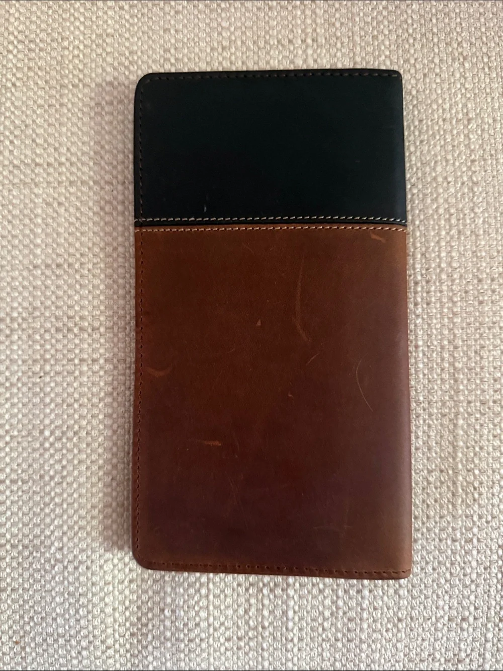 Brown Leather Bifold Checkbook Wallet with Black Accents